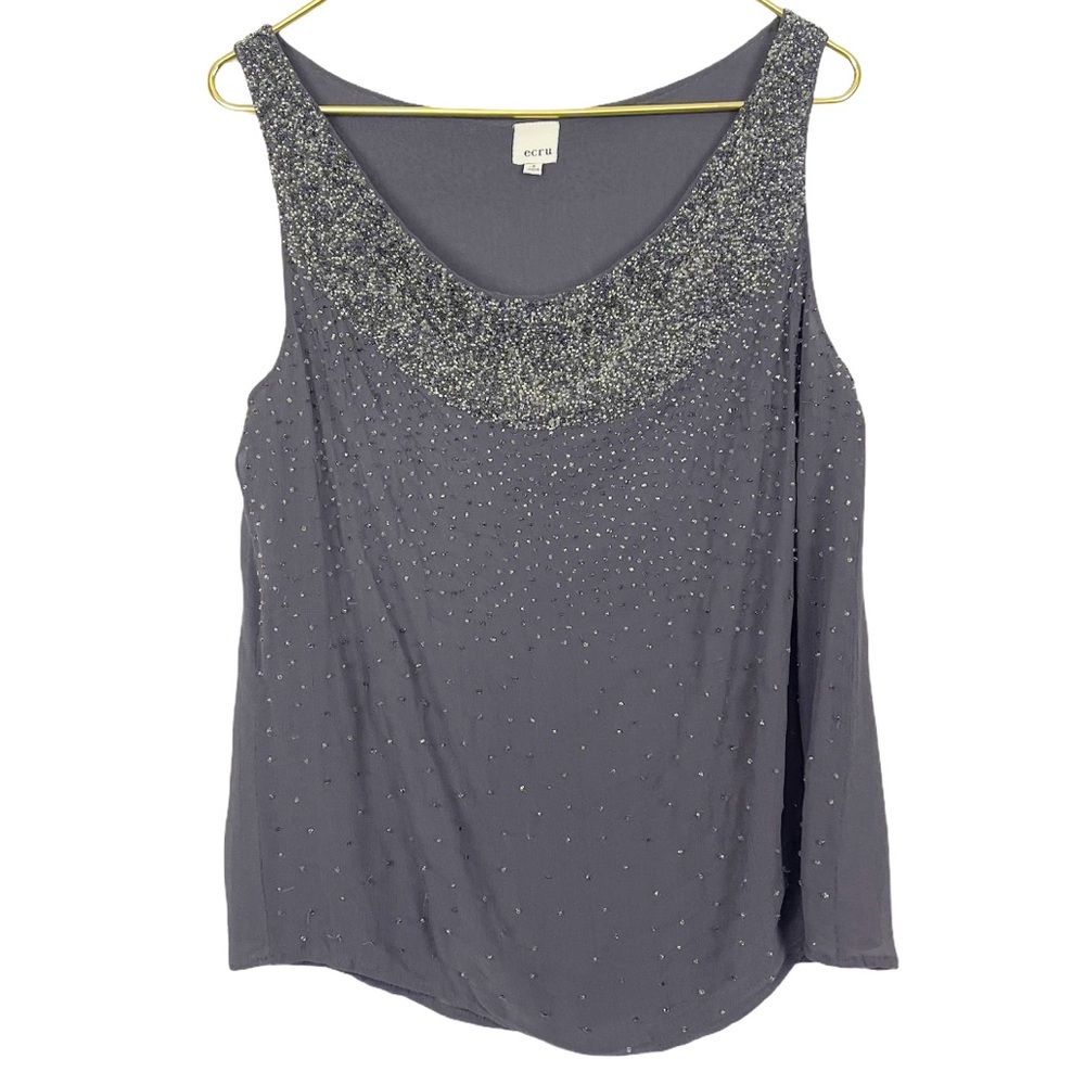 ECRU Cascade Silver Beaded Tank Gray Rayon